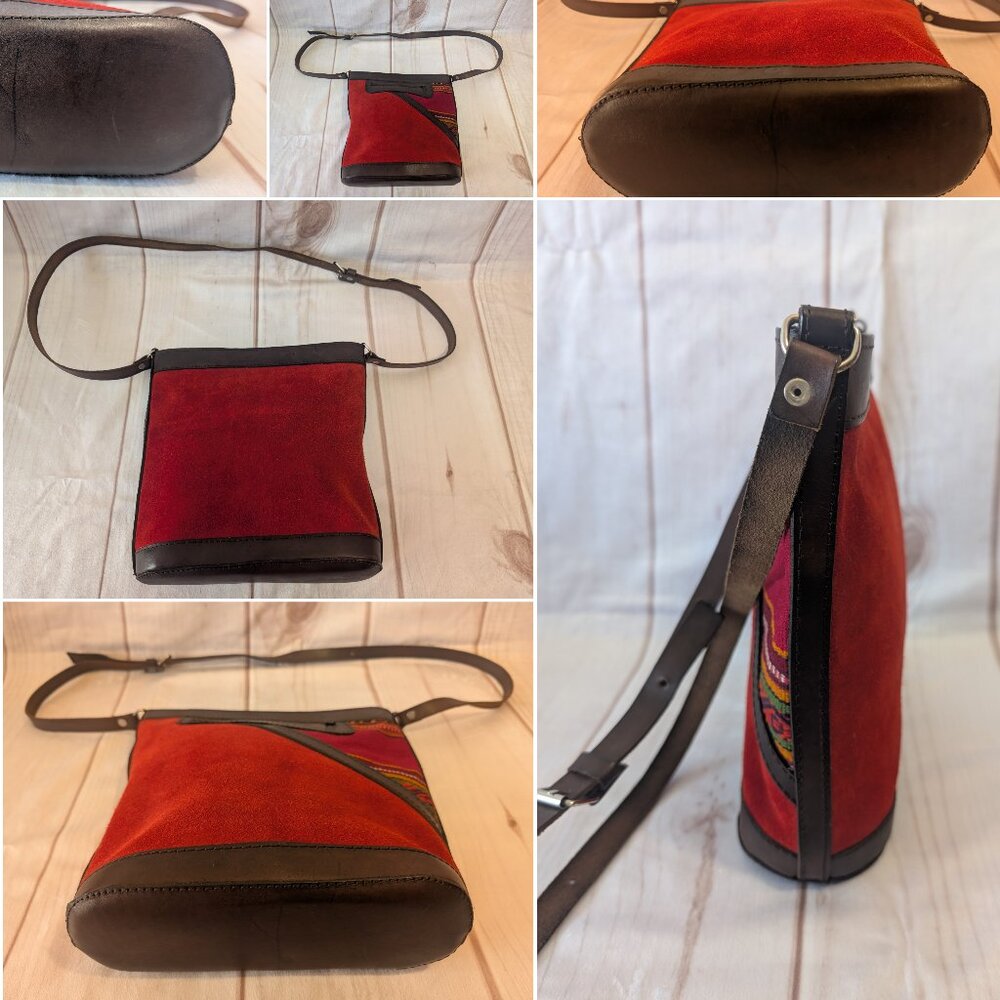 Vintage Bolivian Crossbody Bag, Red suede and brown leather, Colorful embroidery